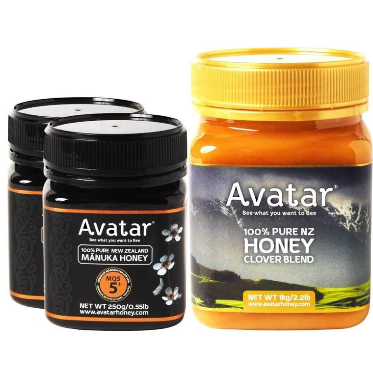 Clover Blend 1kg + 2x Avatar MQS5+ 250g MGO100 Avatar New Zealand Manuka Honey 